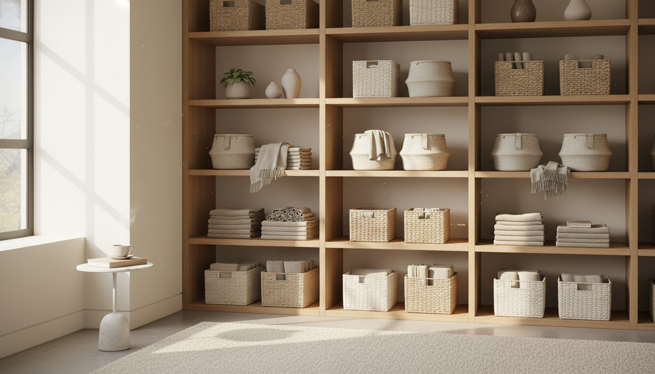 Calm organized modern home shelving with baskets and folded textiles