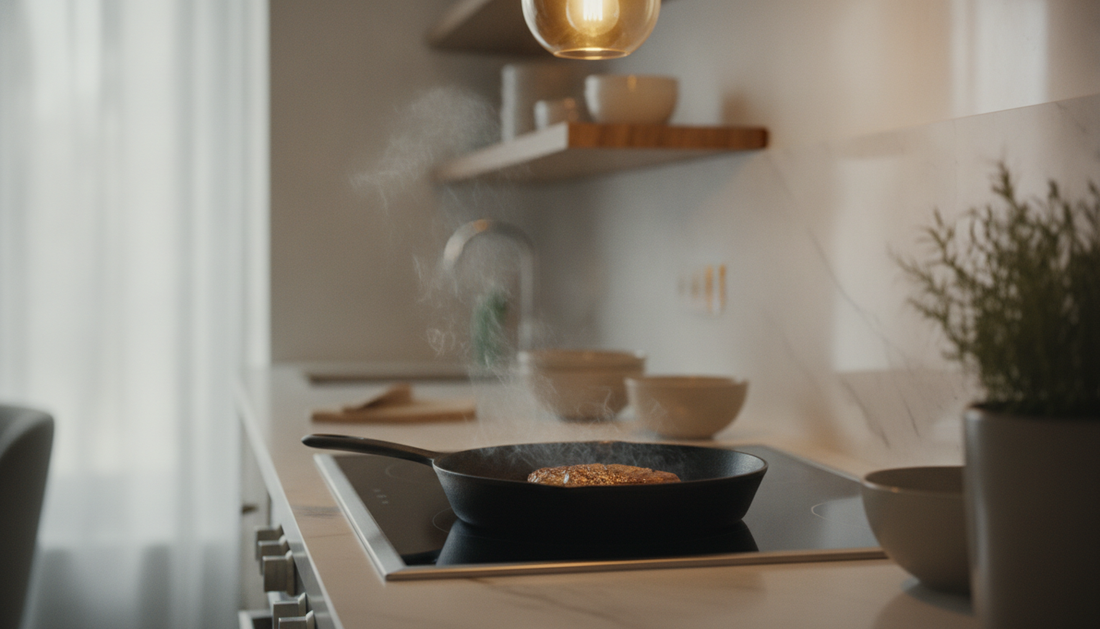 Cooking smoke rising from a pan in a small apartment kitchen
