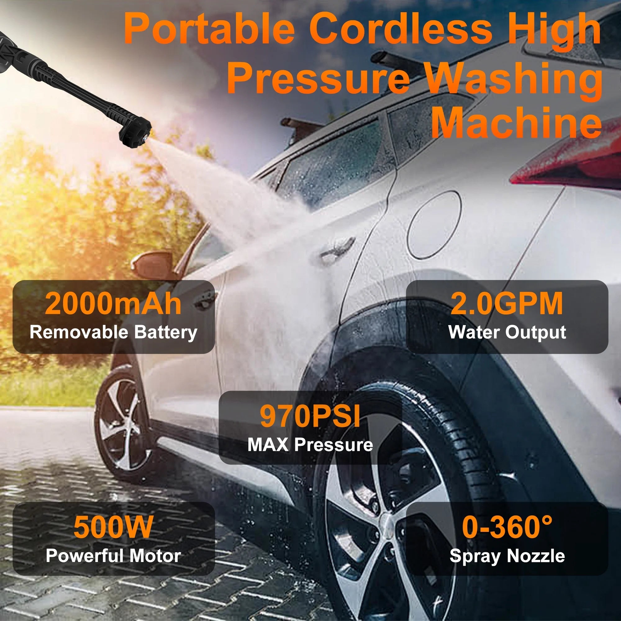 Cordless Pressure Washer, 970PSI Portable Pressure Washer, High Power Handheld Washer with 6-In-1 Adjustable Nozzle, 24V 2000 Mah Battery for Car, Floor, Garden