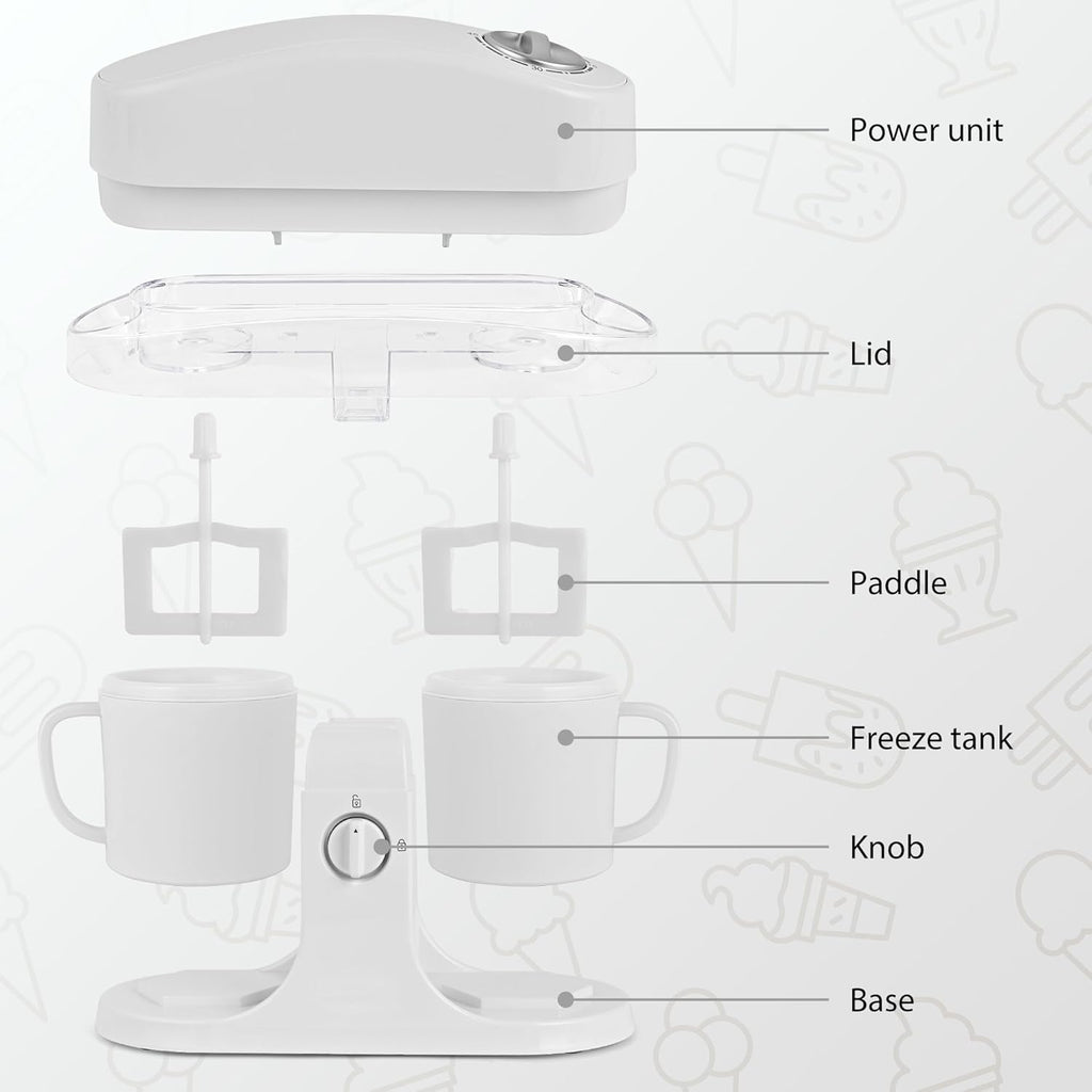 Home Ice Cream Maker Machine with 2 Ice Cream Bowls, 0.9 Quarts | Easy to Operate and Clean, Ideal for Homemade Ice Cream & Frozen Yogurt，Includes Recipes，15-25 Minutes