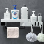 Roomlift shower caddy shelf with toiletries and towel bar