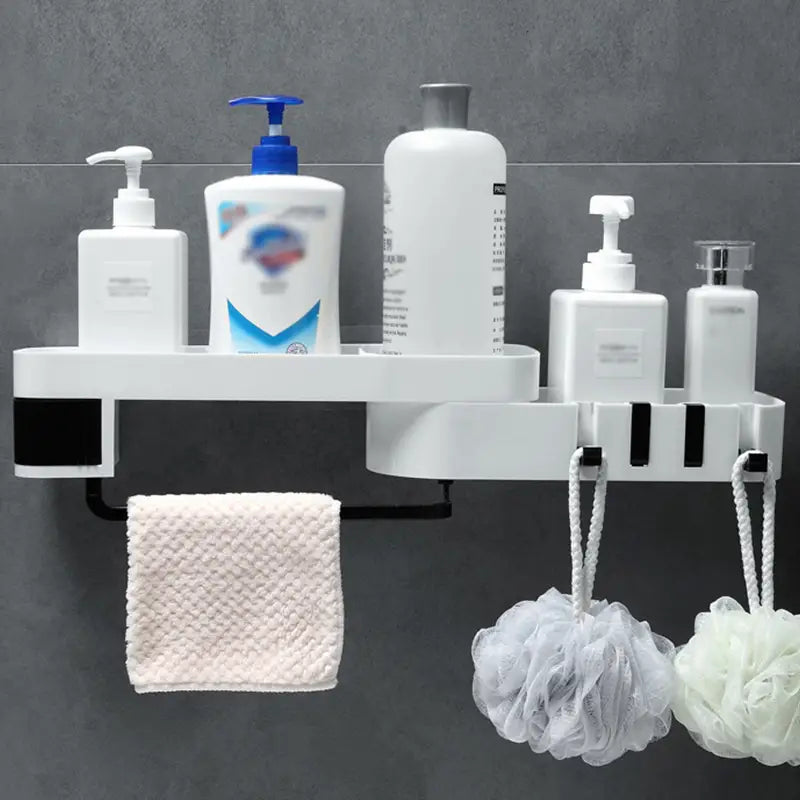 Roomlift shower caddy shelf with toiletries and towel bar