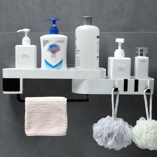 Roomlift shower caddy shelf with toiletries and towel bar