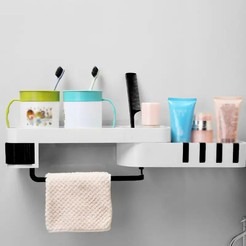 Roomlift bathroom shelf with cups, toothbrushes and towel