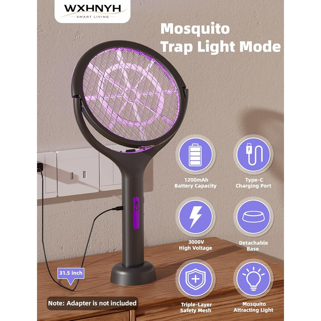 Electric Fly Swatter with Extendable Handle & Rotating Head, 3000V Rechargeable Bug Zapper Racket, 1200Mah Long Lasting, Reach Every Corner, Indoor Outdoor Mosquito Swatter